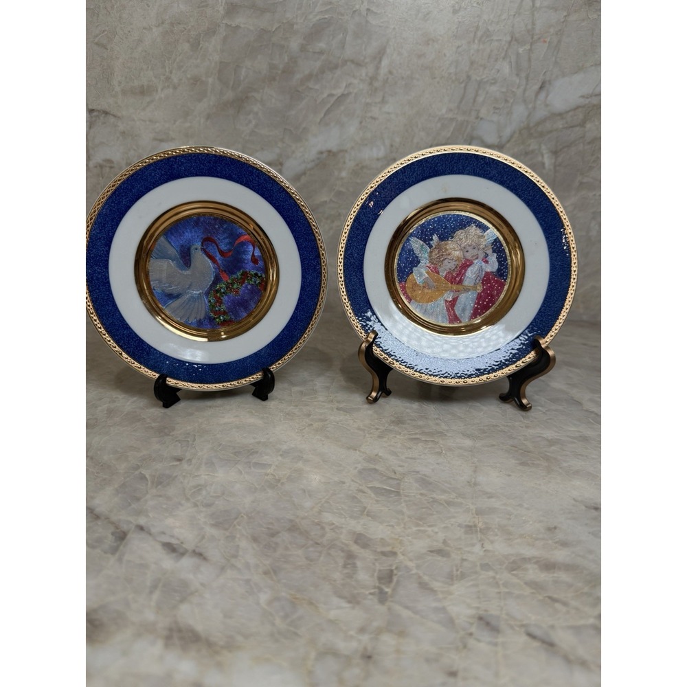 Lot of 2 Vintage Dufex Foil Art Christmas Plates Angel Dove 24K Gold Japan